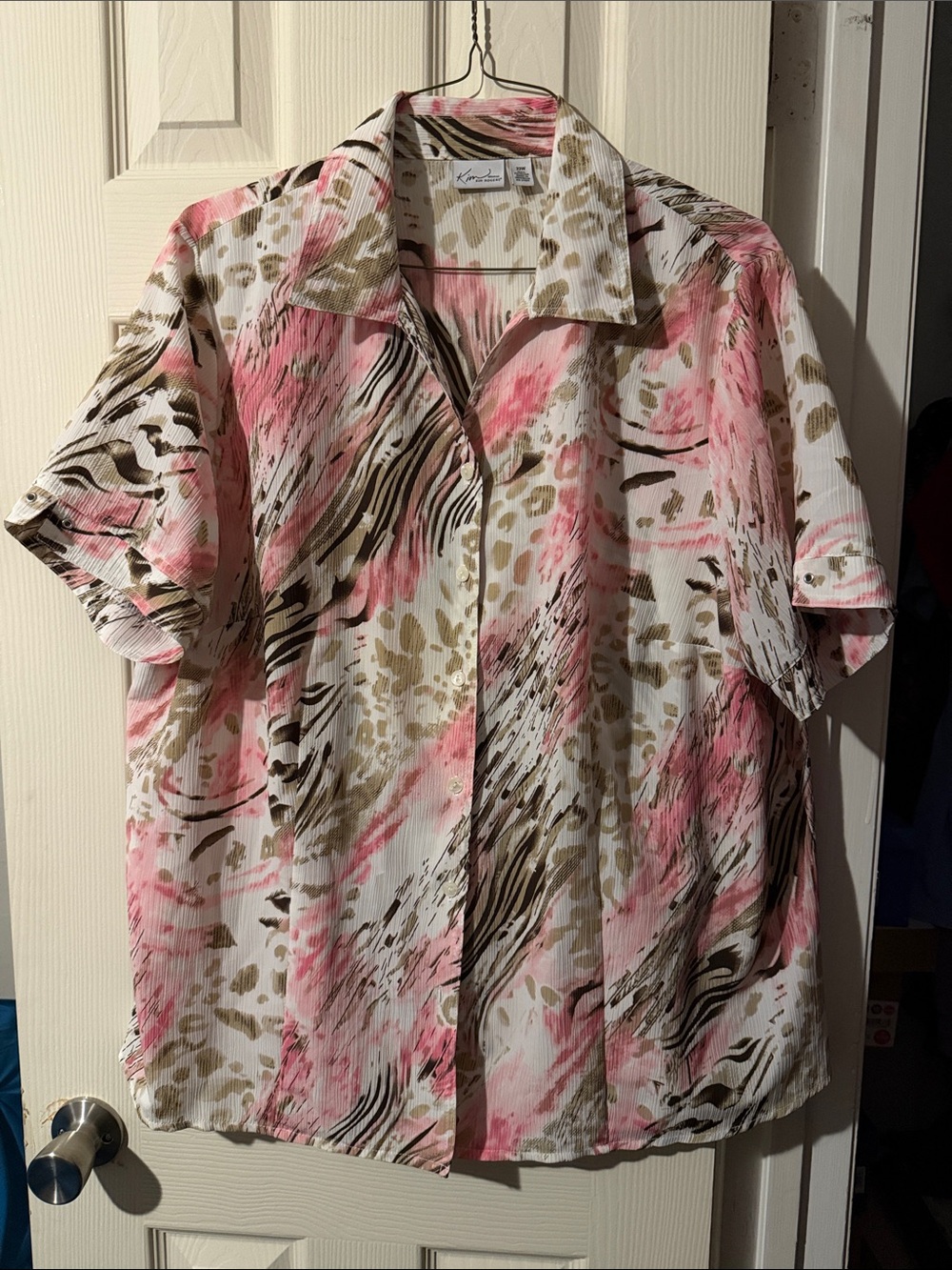 #278 Kim Rogers Pink White Brown Printed Button-Down Shirt
